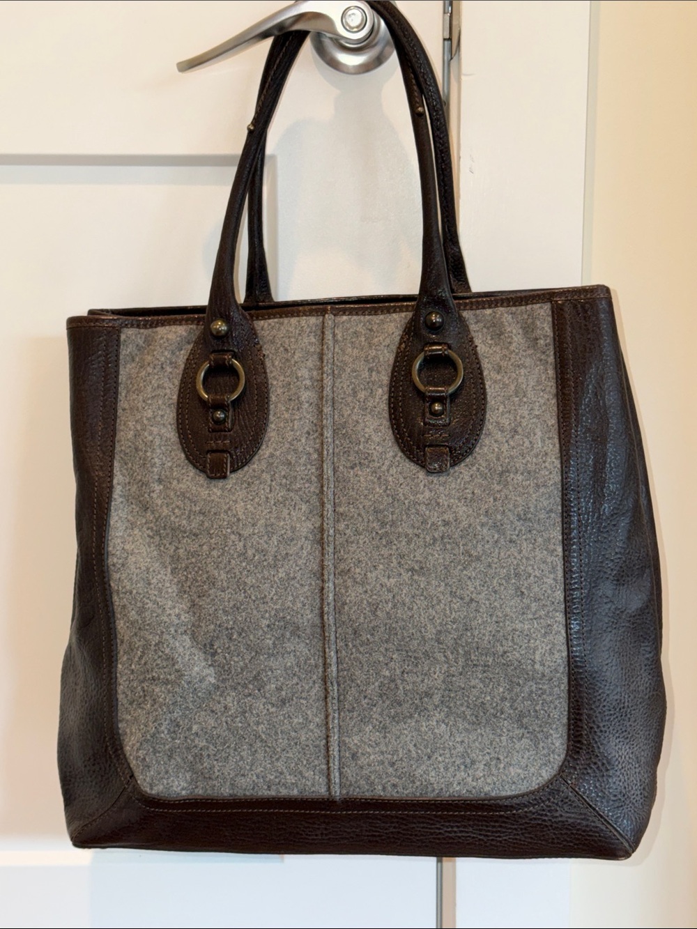 Banana Republic Xl Chatham Gray and Dark Wool with Brown Leather-Trim Tote